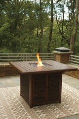 Paradise Trail Medium Brown Outdoor Bar Table with Fire Pit setting with accessories