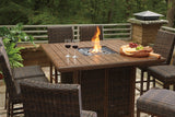 Paradise Trail Medium Brown Outdoor Bar Table with Fire Pit fire effect close up