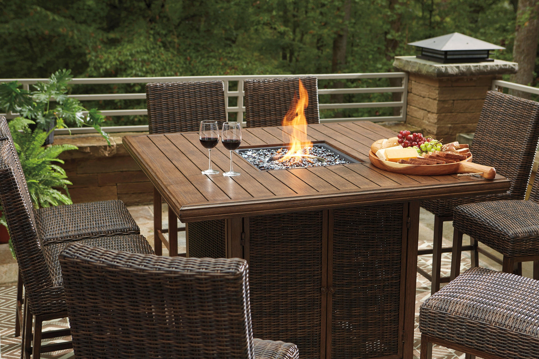 Paradise Trail Medium Brown Outdoor Bar Table with Fire Pit fire effect close up