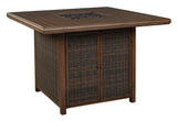 Paradise Trail Medium Brown Outdoor Bar Table with Fire Pit side angle