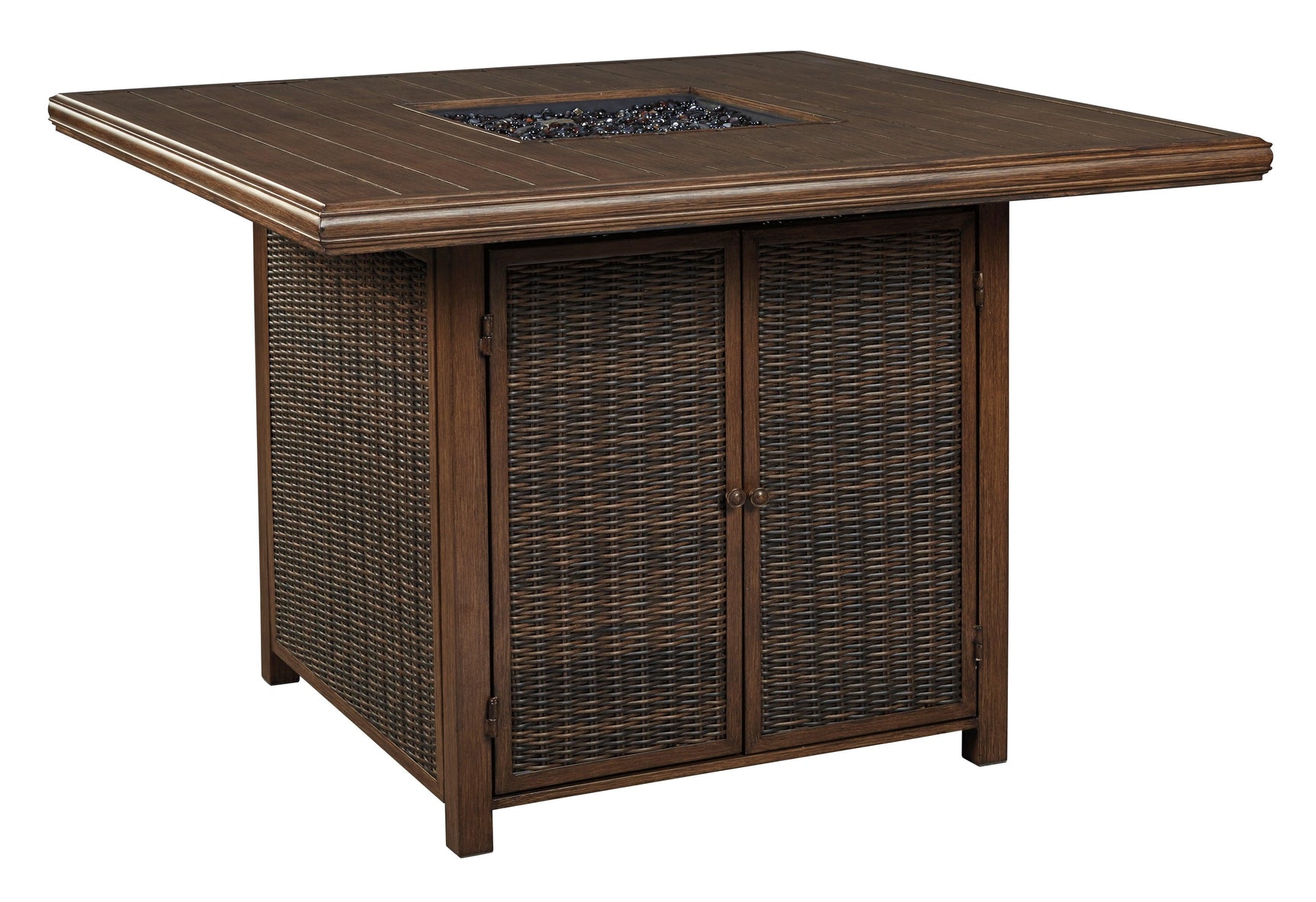 Paradise Trail Medium Brown Outdoor Bar Table with Fire Pit side angle