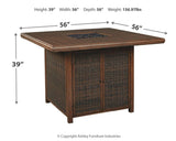 Paradise Trail Medium Brown Outdoor Bar Table with Fire Pit dimension diagram