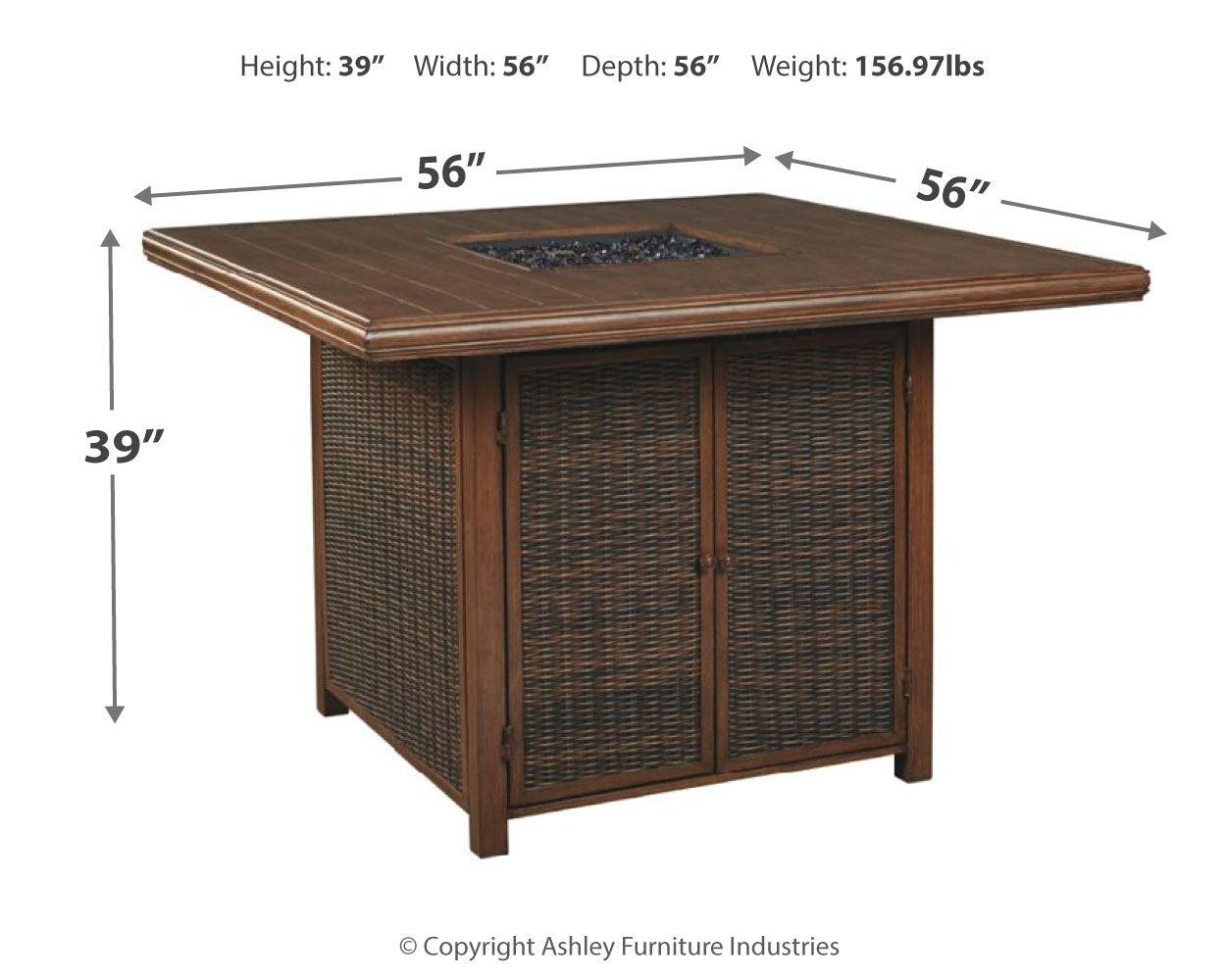 Paradise Trail Medium Brown Outdoor Bar Table with Fire Pit dimension diagram