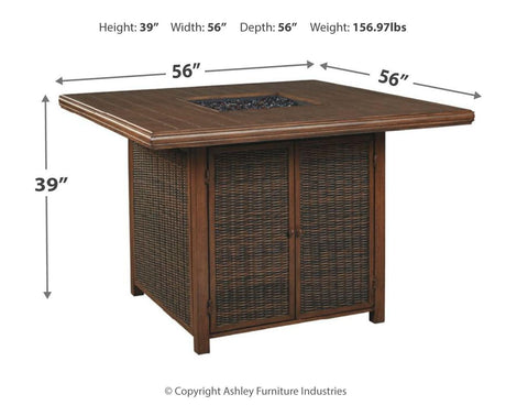 Paradise Trail Medium Brown Outdoor Bar Table with Fire Pit dimension diagram