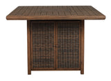 Paradise Trail Medium Brown Outdoor Bar Table with Fire Pit fire burning top view
