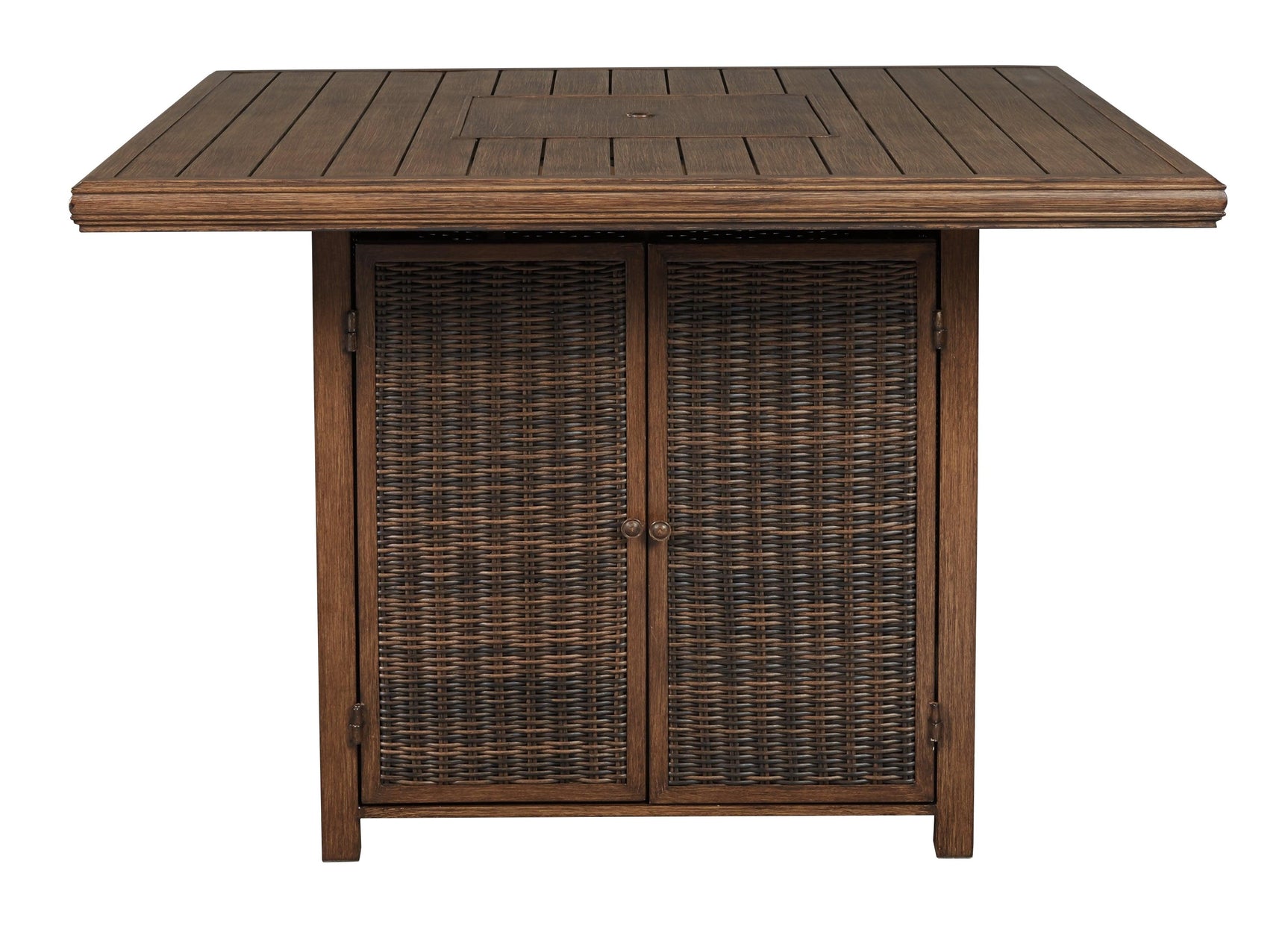 Paradise Trail Medium Brown Outdoor Bar Table with Fire Pit fire burning top view