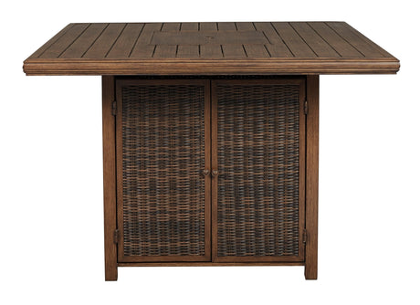 Paradise Trail Medium Brown Outdoor Bar Table with Fire Pit fire burning top view