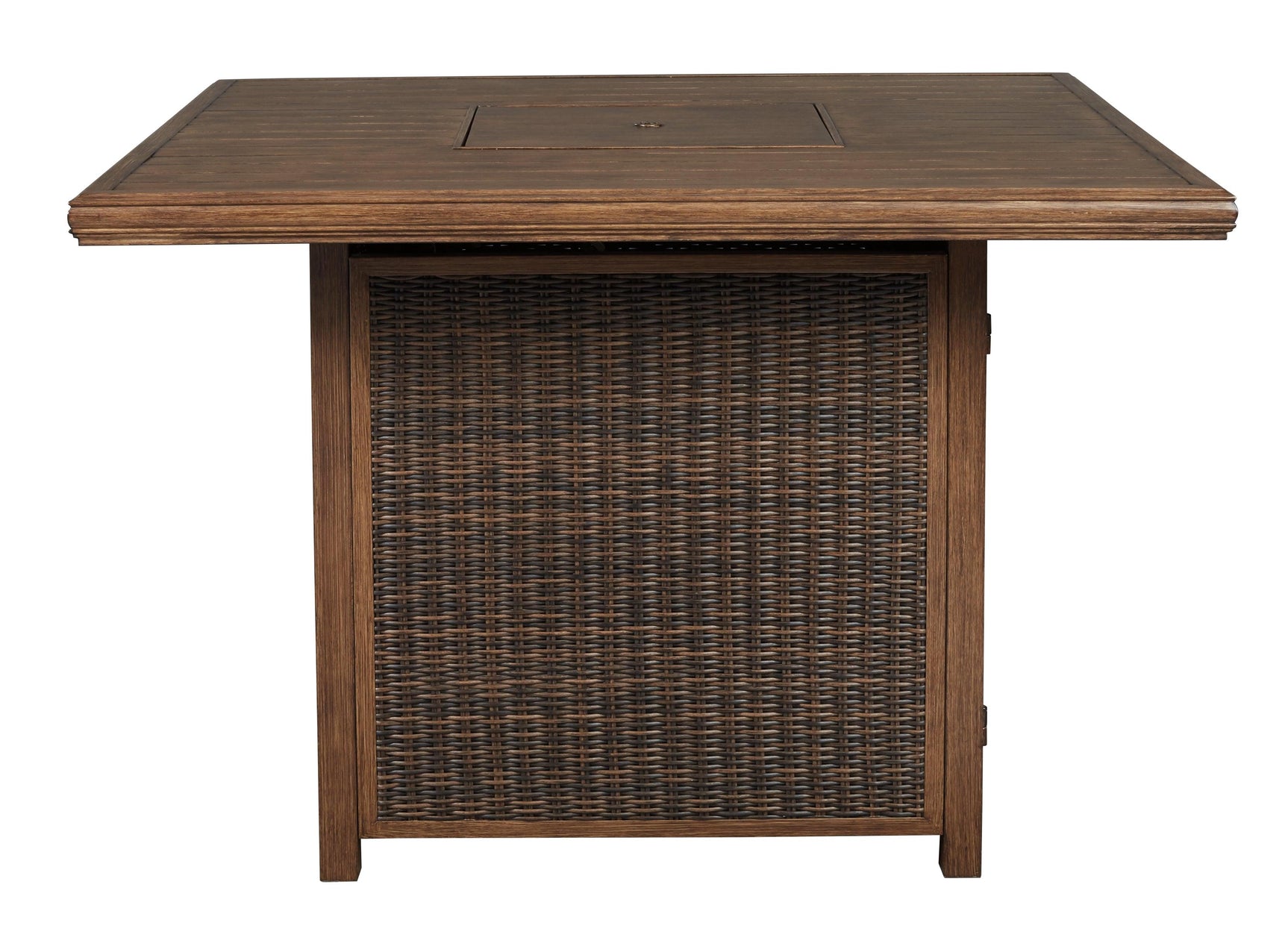 Paradise Trail Medium Brown Outdoor Bar Table with Fire Pit side door closed