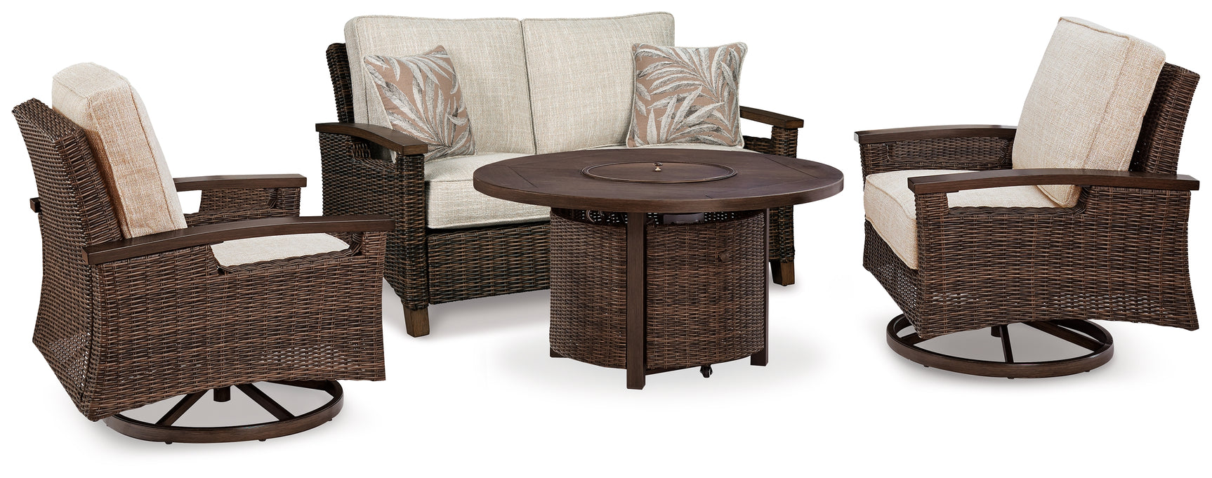 Side angle of outdoor lounge chair in medium brown resin wicker