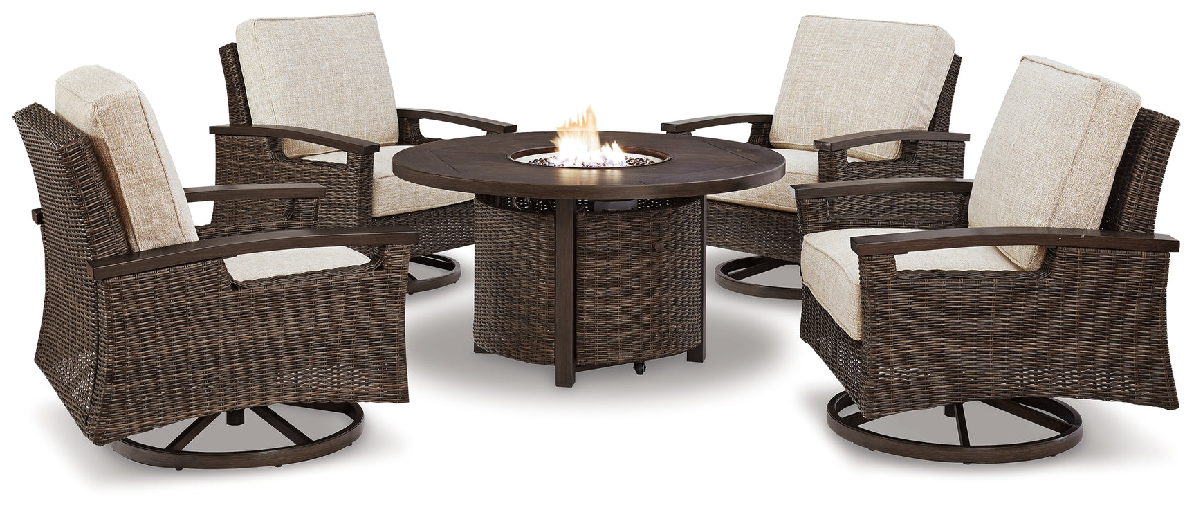 Fire pit burning with four chairs around