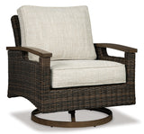 Outdoor sofa corner showing wood-look aluminum base