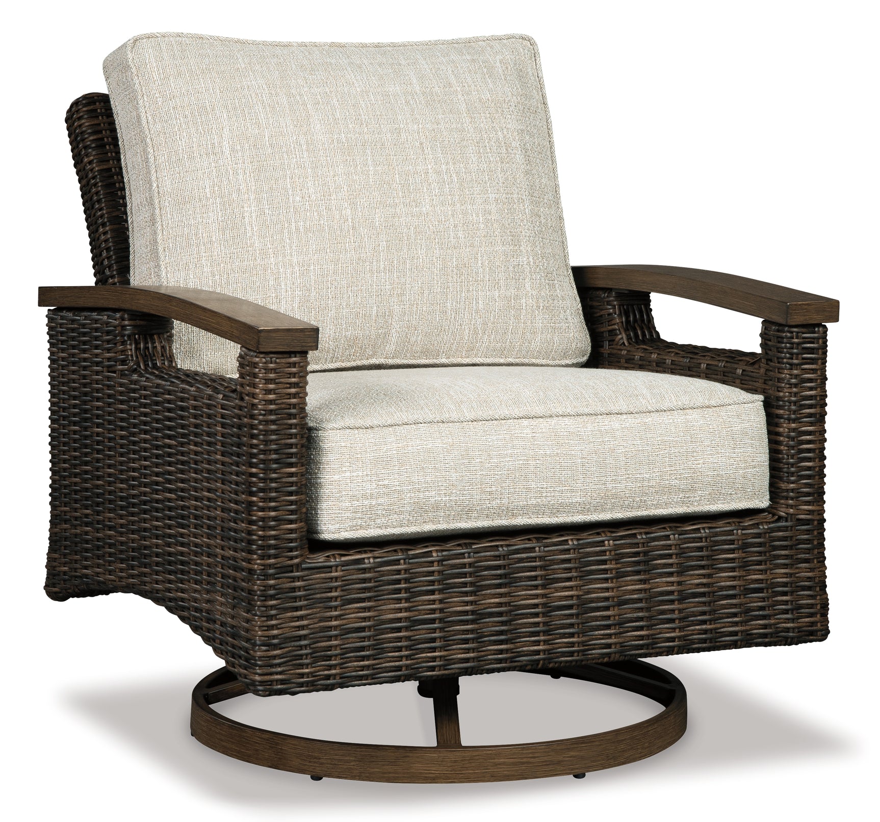 Outdoor sofa corner showing wood-look aluminum base