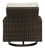 Back view of medium brown resin wicker swivel chair