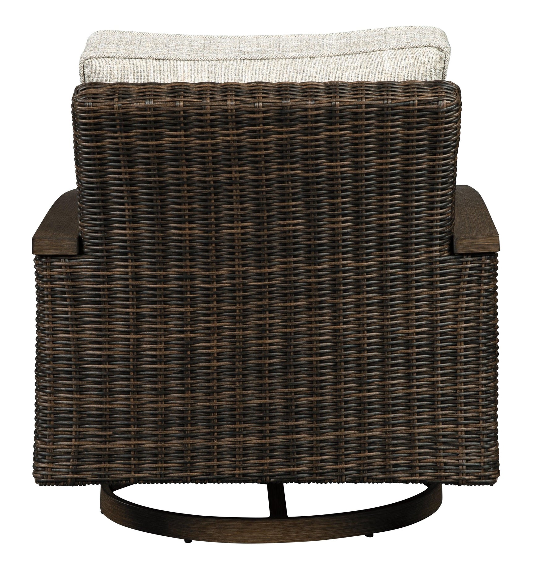 Back view of medium brown resin wicker swivel chair