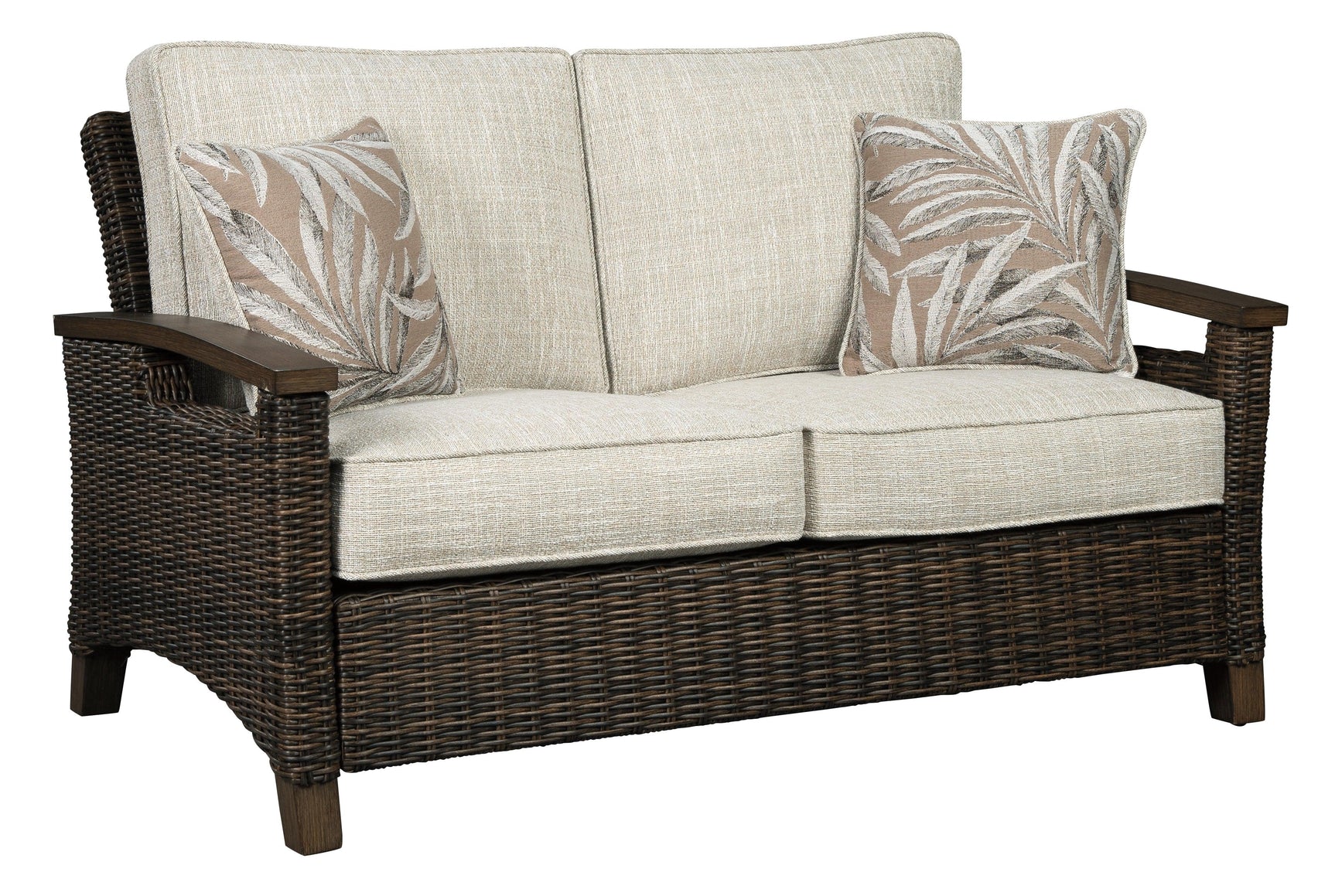 Handwoven resin wicker detail on Paradise Trail Loveseat armrest