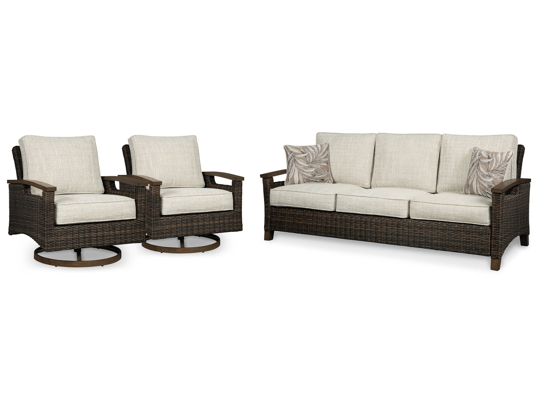 Close-up of resin wicker and cushion on outdoor sofa