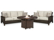 Outdoor loveseat in medium brown with handwoven weather-resistant material
