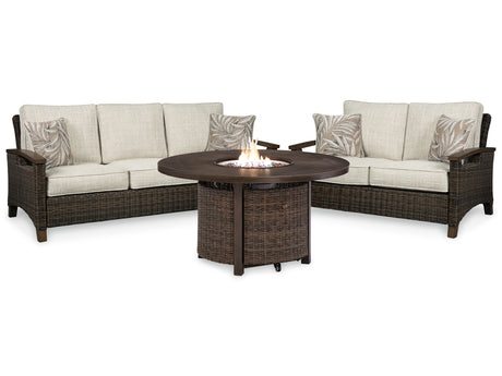 Outdoor loveseat in medium brown with handwoven weather-resistant material