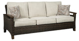 Paradise Trail Medium Brown Outdoor Sofa with Cushions side angle showing armrest
