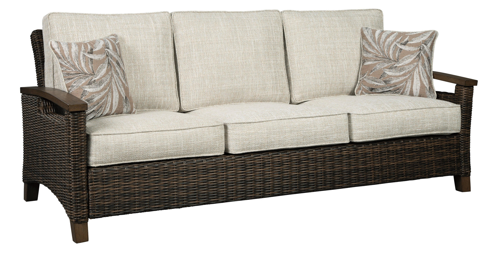 Paradise Trail Medium Brown Outdoor Sofa with Cushions side angle showing armrest