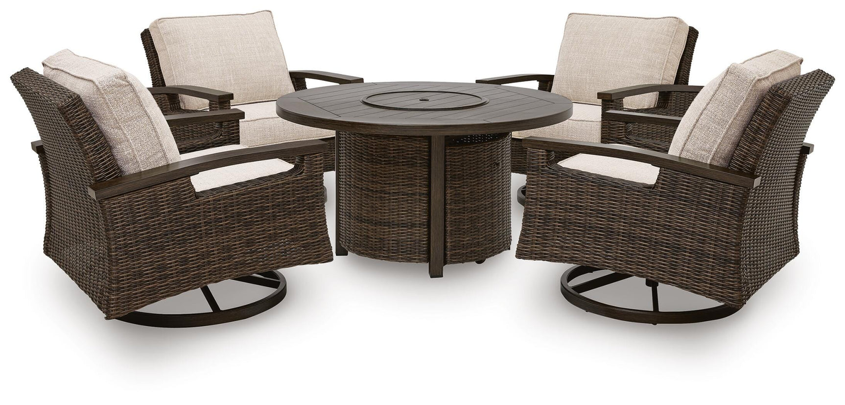 Monterey fire pit table with flame burning at night