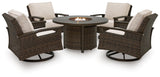 Fire pit table and chairs with thick Nuvella® fabric cushions