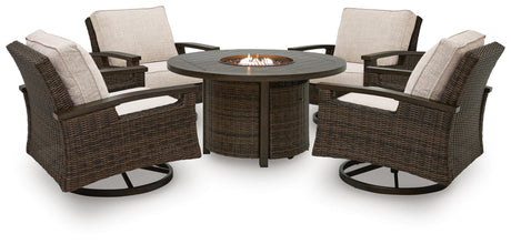 Fire pit table and chairs with thick Nuvella® fabric cushions