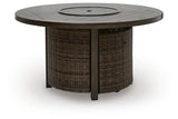Fire pit table cabinet door open showing propane tank storage