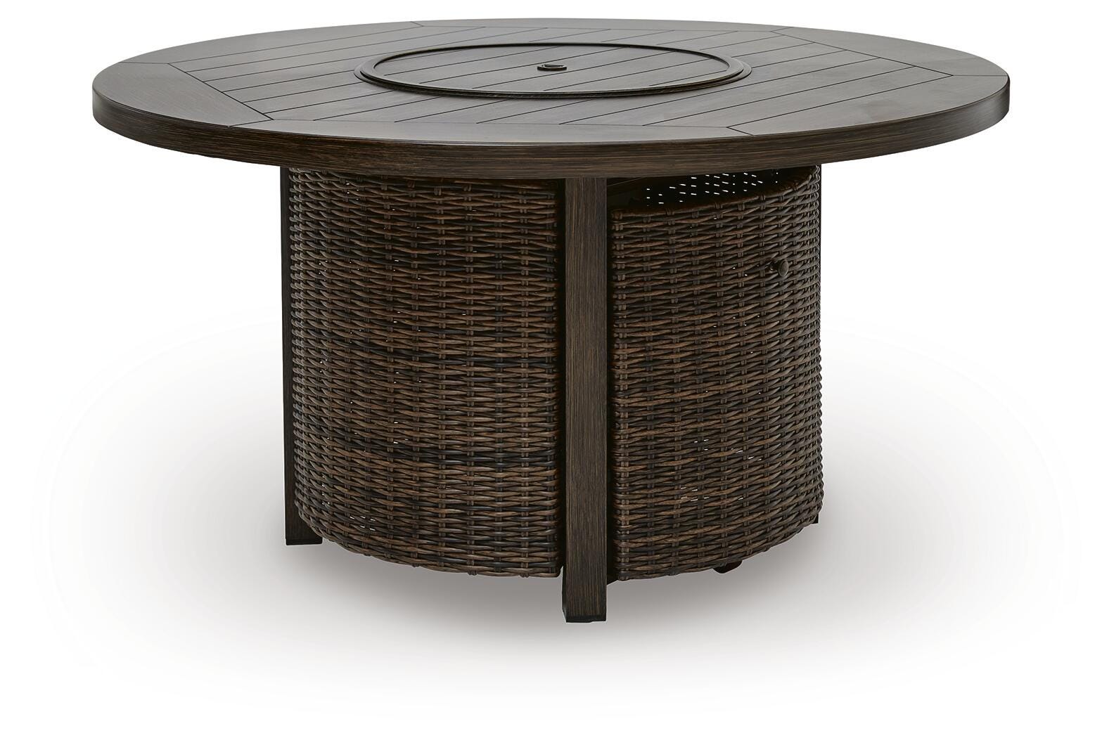 Fire pit table cabinet door open showing propane tank storage