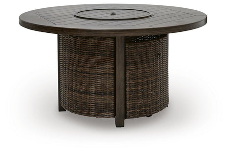 Fire pit table cabinet door open showing propane tank storage
