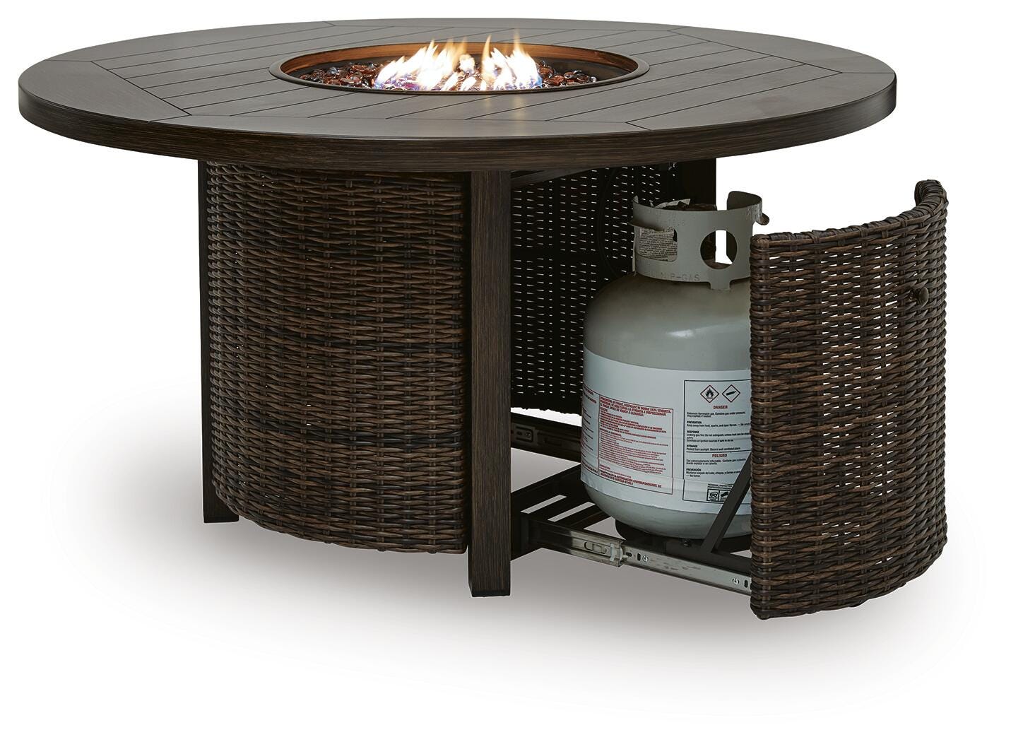 Side view highlighting resin wicker texture and wood-look finish