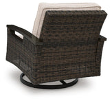 Swivel lounge chair showing wood-look finish and aluminum frame