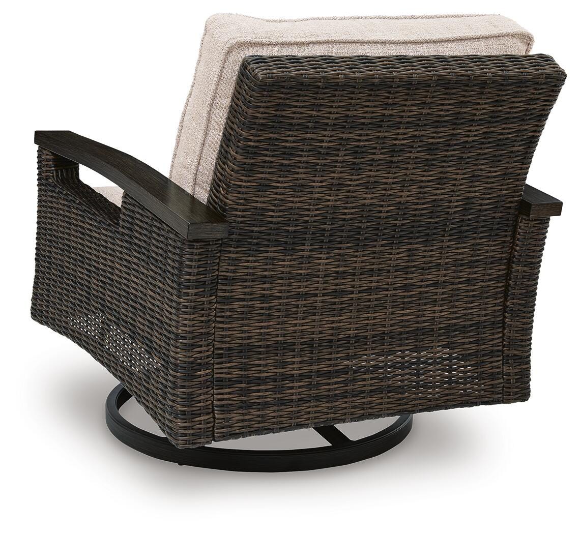 Swivel lounge chair showing wood-look finish and aluminum frame