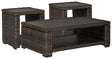 Close-up of Grasson Brown Lane outdoor coffee table resin wicker texture and brown finish