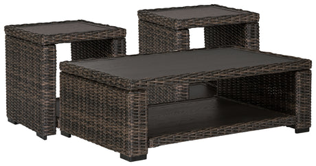 Close-up of Grasson Brown Lane outdoor coffee table resin wicker texture and brown finish
