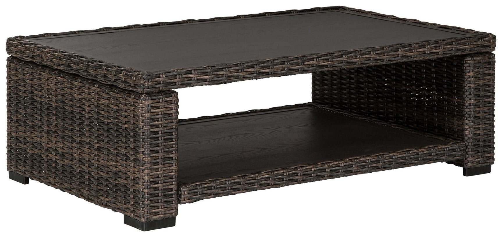Grasson Lane Brown Coffee Table side view showing lower shelf