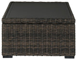 Grasson Lane Brown Coffee Table close-up of resin wicker weave