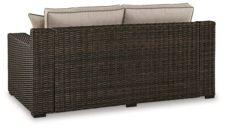 Coastline Bay outdoor loveseat brown resin wicker texture close-up