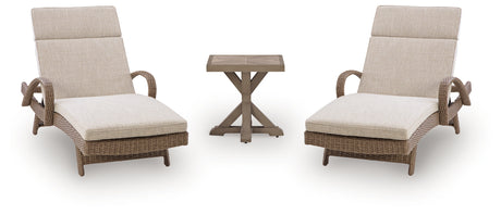 Laguna Beige Heights outdoor lounge set side angle with chairs and end table