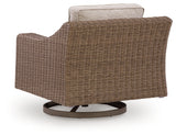 Close-up of beige resin wicker and Nuvella fabric upholstery