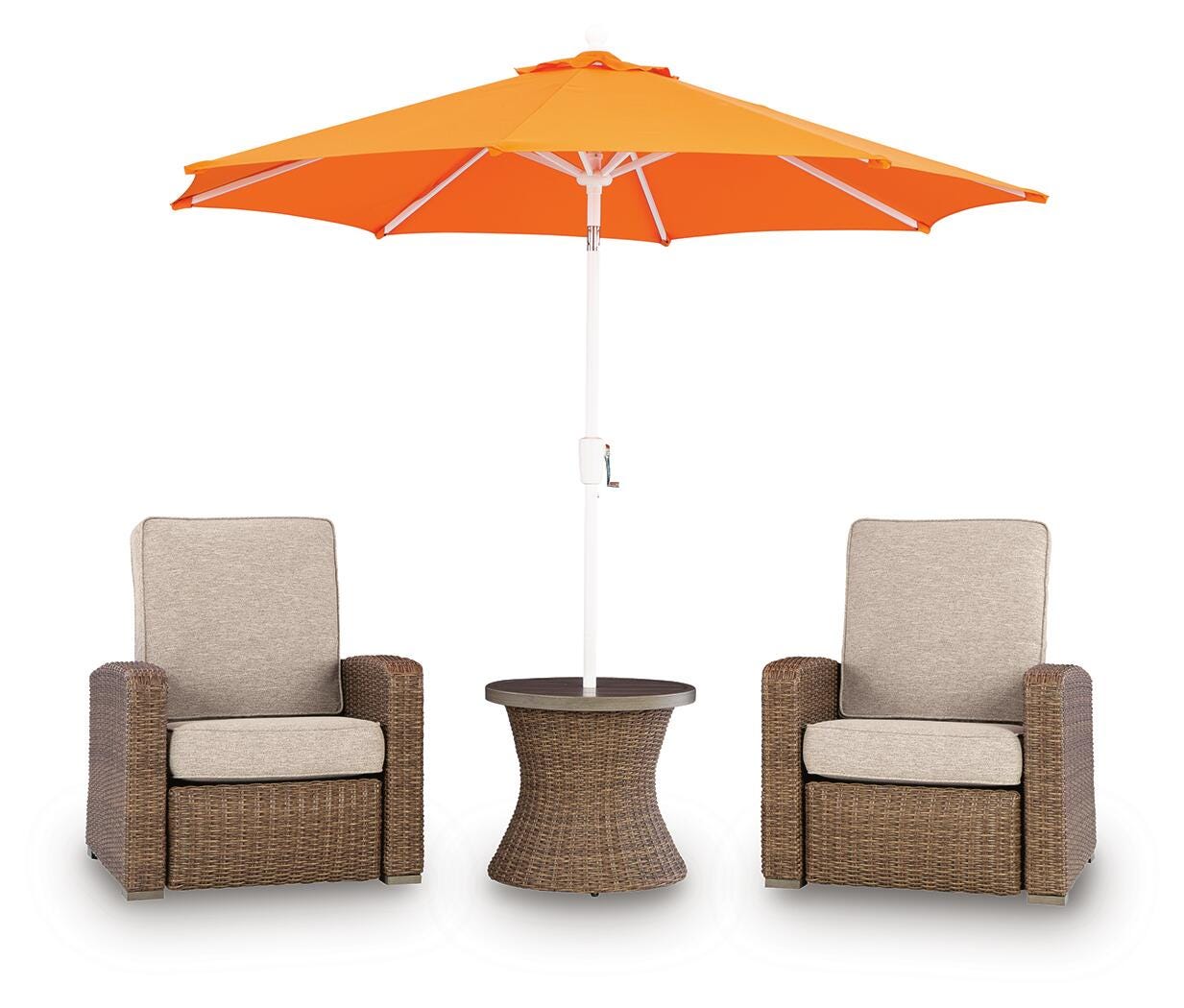 Wide angle of Laguna Beige Heights 2 recliners and table