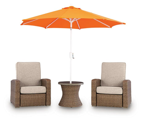 Wide angle of Laguna Beige Heights 2 recliners and table