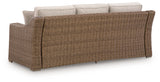 Close-up of resin wicker and cushion on Laguna Heights sofa