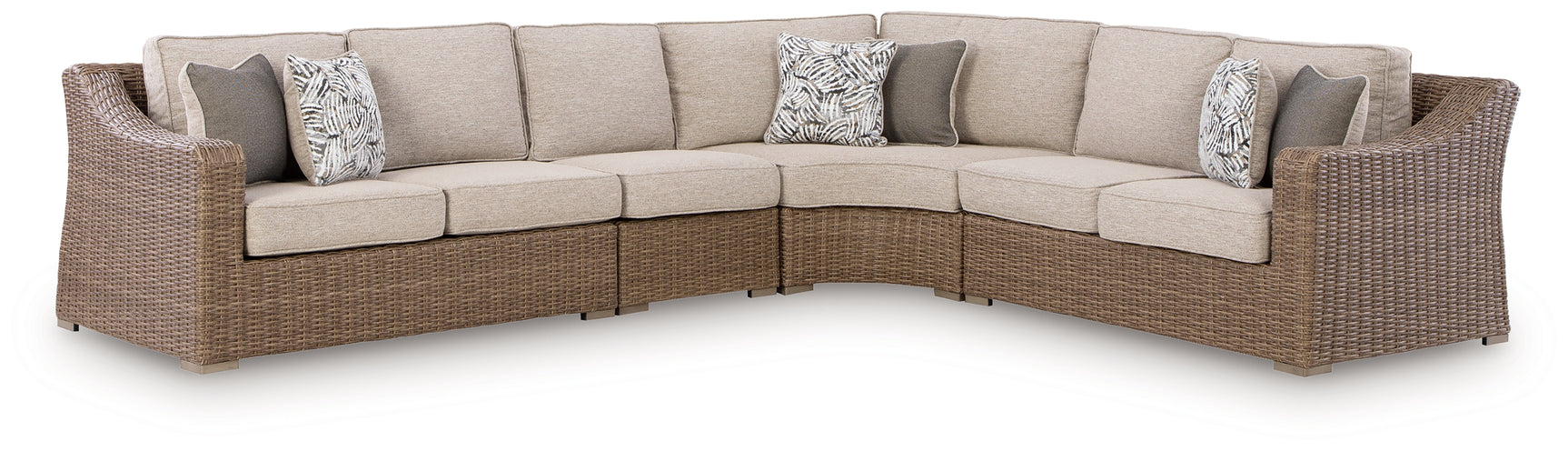 Close-up of beige resin wicker and cushion fabric