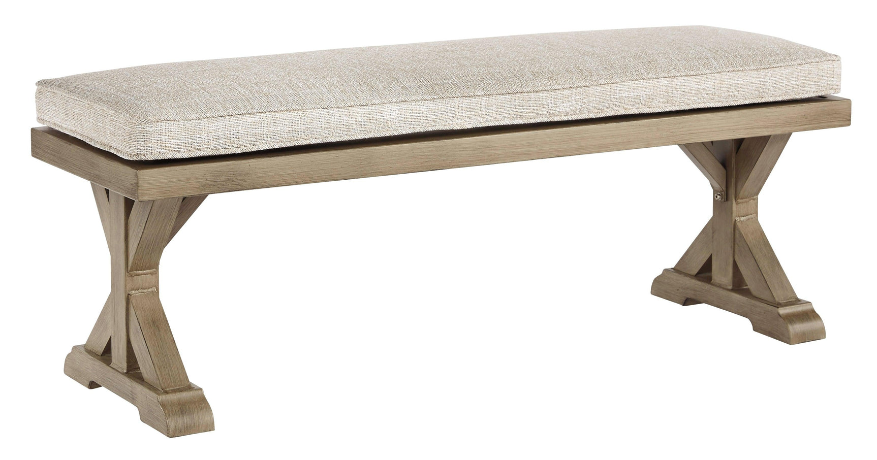 Beachcroft beige outdoor dining bench front view