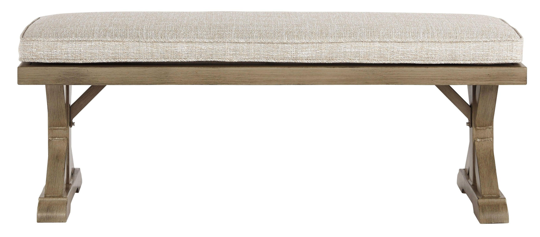 Beachcroft beige outdoor dining bench side angle