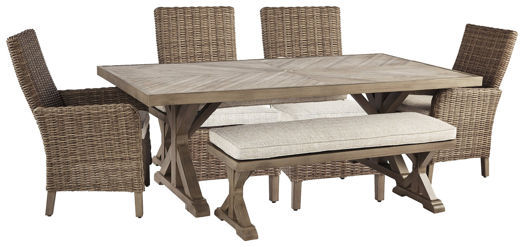 Beachcroft Beige Outdoor Dining Table with 4 Chairs and Bench set - outdoor dining furniture in beige