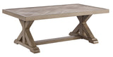 Beachcroft Beige Outdoor Coffee Table, side view displaying X-leg frame
