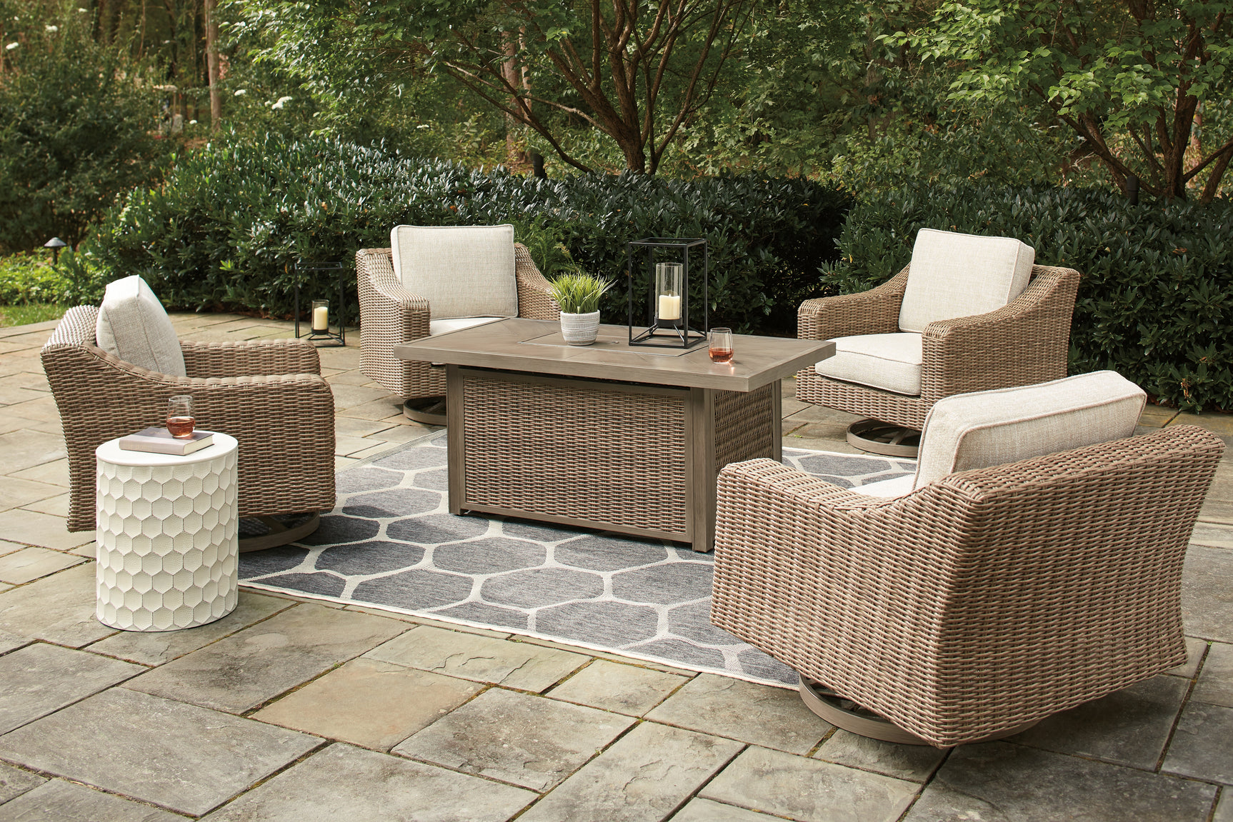 Outdoor dining table and chairs set on patio