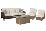 Beachcroft Beige Outdoor Sofa with Fire Pit Table and Lounge Chairs